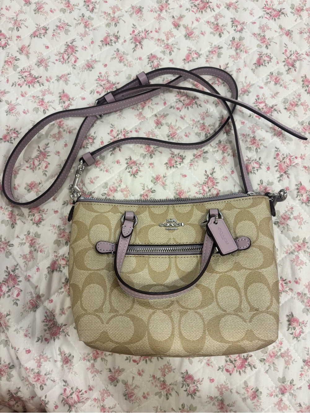 Coach Beige Signature Crossbody with Lavender Trim